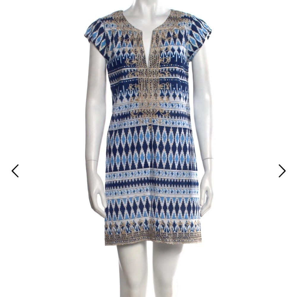 Calypso St Barth Rowena Tunic Dress XS Aztec Print Gold Embroidery Coverup Beach